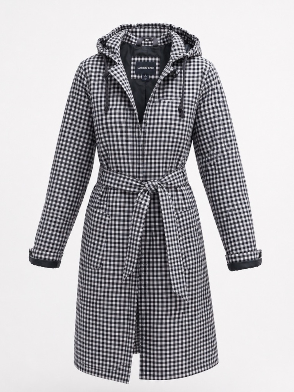 Lands End Gingham Check Raincoat with hood Black Size Large 14 16